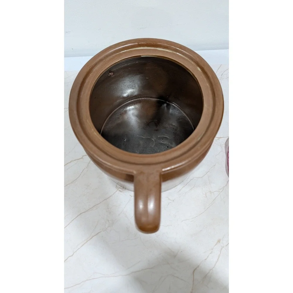 Vintage Brown Stoneware Bean Pot Crock Folk Art Bird Hand Painted Glazed Pottery
